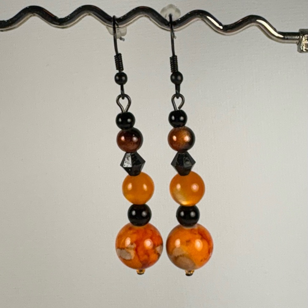 Earrings Pierced Handcrafted HALLOWEEN Orange/Black Glass Beads Faceted + Round